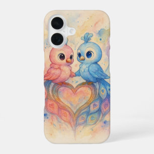 Funda Para iPhone 16 Pájaros de amor acuarela con plumas de cola en for