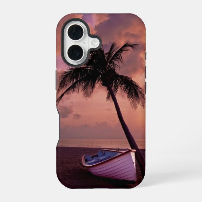 Funda Para iPhone 16 Palm Tree y Bote Beach Sunset (Reverso )