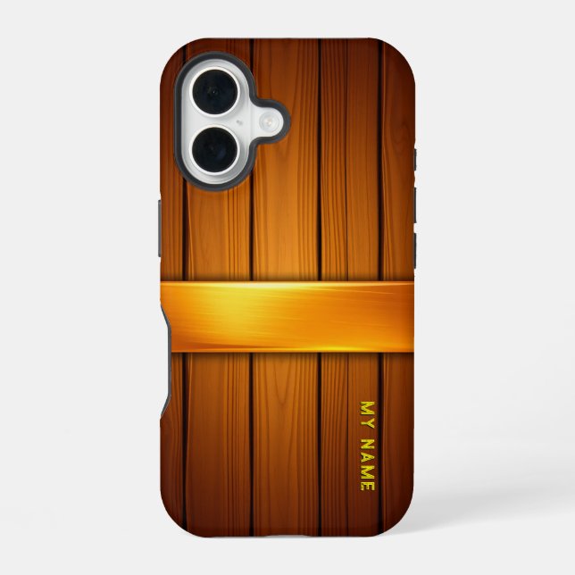 Funda Para iPhone 16 Panel de madera con acento dorado (Reverso )
