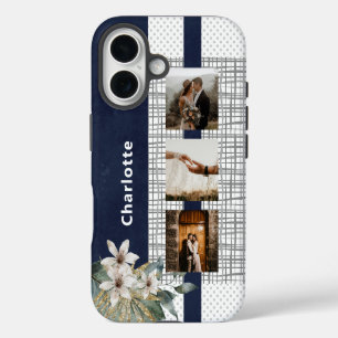 Funda Para iPhone 16 Pareja Aniversario Foto Floral Azul Nombre 3