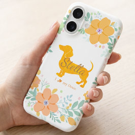 Funda Para iPhone 16 Pastel Orange Dachshund with Flower – Custom Name