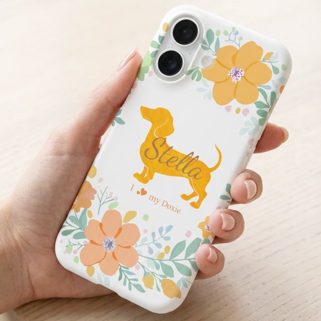 Funda Para iPhone 16 Pastel Orange Dachshund with Flower – Custom Name (Subido por el creador)