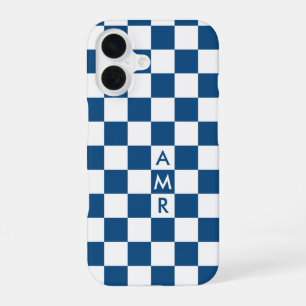 Funda Para iPhone 16 Patrón azul de verificación de blanco con monogram