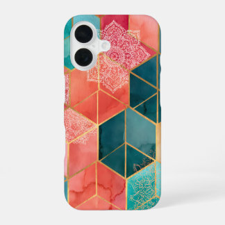 Funda Para iPhone 16 Patrón Boho Colorido Cubos de Parche Hexágono