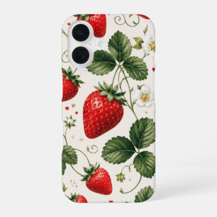 Funda Para iPhone 16 Patrón Botánico de Fresa Sin Costuras Estilo Vinta