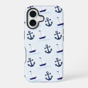 Funda Para iPhone 16 Patrón de barco de vela y ancla azul