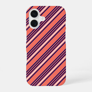 Funda Para iPhone 16 Patrón de cinco rayas de coral, azul marino y blan