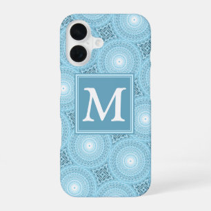 Funda Para iPhone 16 Patrón de círculos azules de ángel de monograma