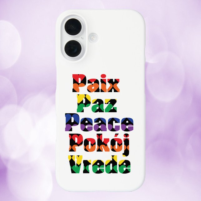 Funda Para iPhone 16 Patrón de corazón de paz Arcoíris (A phone case that says peace in French, English, Spanish, Polish and Dutch)