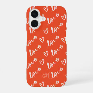 Funda Para iPhone 16 Patrón de corazones de amor lindos monograma rojos