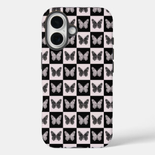 Funda Para iPhone 16 Patrón de cuadros de mariposa en negro y blanco