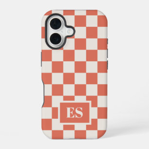 Funda Para iPhone 16 Patrón de cuadros de terracota y crema con monogra