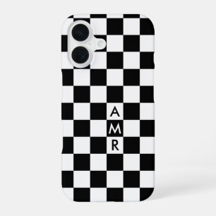 Funda Para iPhone 16 Patrón de cuadros en blanco y negro con monograma