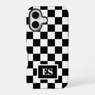 Funda Para iPhone 16 Patrón de cuadros negro y blanco con monograma
