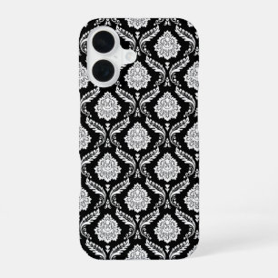 Funda Para iPhone 16 Patrón de Damasco Rococó Blanco sobre Negro