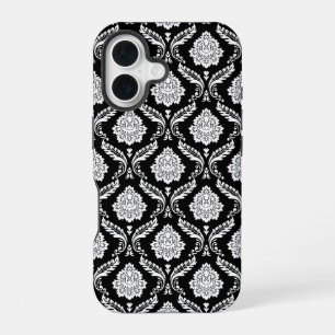Funda Para iPhone 16 Patrón de Damasco Rococó Blanco sobre Negro