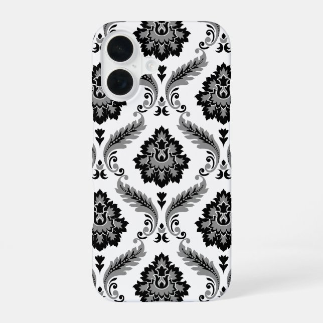 Funda Para iPhone 16 Patrón de Damasco Rococó Gris Negro Blanco (Reverso )