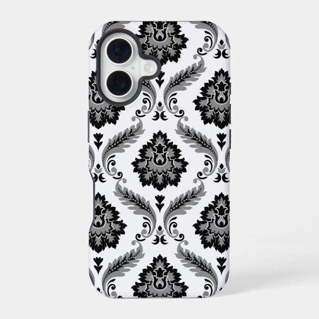 Funda Para iPhone 16 Patrón de damasco rococó gris negro blanco (Reverso )