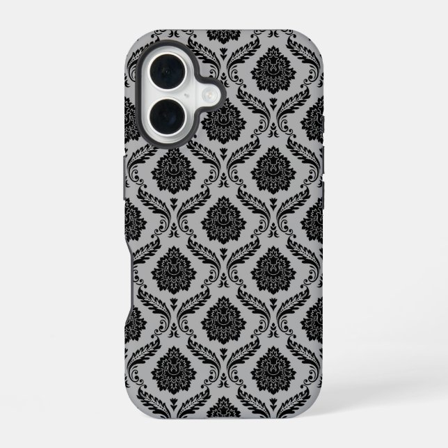 Funda Para iPhone 16 Patrón de Damasco Rococó Negro sobre Gris (Reverso )