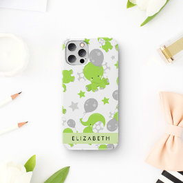 Funda Para iPhone 16 Patrón de elefantes verdes, estrellas, tu nombre