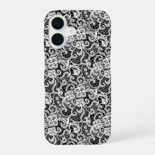 Funda Para iPhone 16 Patrón de encaje blanco sobre negro