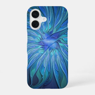 Funda Para iPhone 16 Patrón de fantasía de flor azul, arte fractal abst