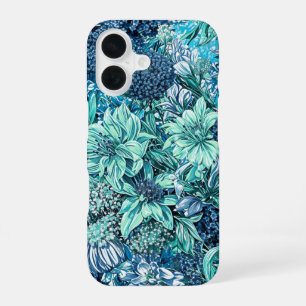 Funda Para iPhone 16 Patrón de flores del jardín Verde azulado blanco a
