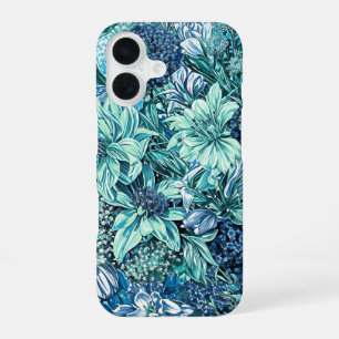 Funda Para iPhone 16 Patrón de flores del jardín Verde azulado blanco a