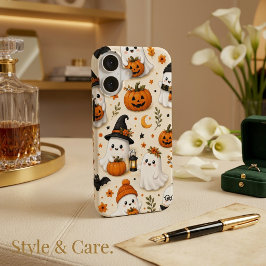 Funda Para iPhone 16 Patrón de Halloween de Fantasma y Calabaza Adorabl