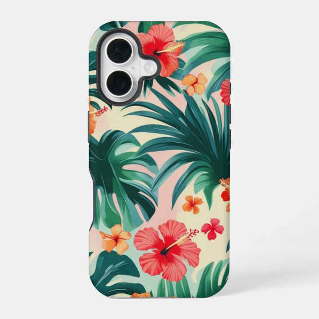 Funda Para iPhone 16 Patrón de hibiscos tropicales y hojas de palma (Reverso )