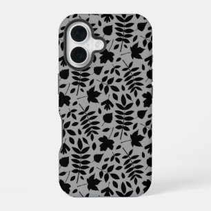 Funda Para iPhone 16 Patrón de hojas caídas negro sobre gris