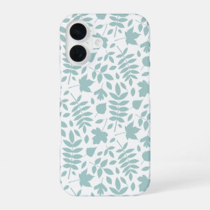 Funda Para iPhone 16 Patrón de hojas caídas Verde azulado en blanco