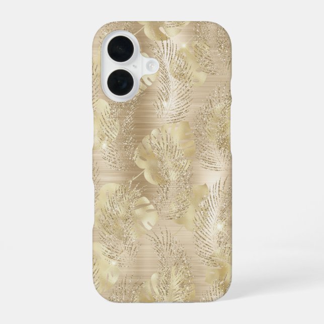 Funda Para iPhone 16 Patrón de hojas de palma de Purpurina dorado (Reverso )