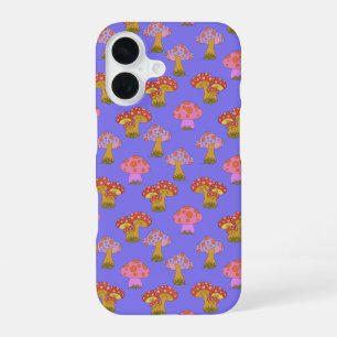 Funda Para iPhone 16 Patrón de hongo hippie retro corto en morado