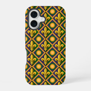 Funda Para iPhone 16 patrón de Mardi grass con fleur-de-lis dorada
