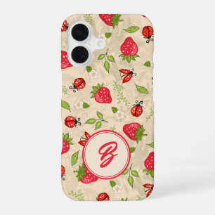 Funda Para iPhone 16 Patrón de mariquita de fresa con monograma
