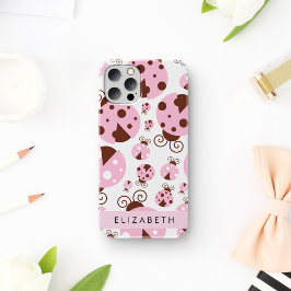 Funda Para iPhone 16 Patrón De Mariquitas, Mariquitas Rosadas, Tu Nombr