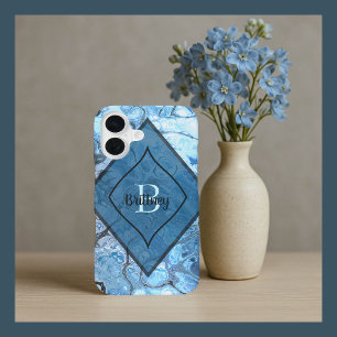 Funda Para iPhone 16 Patrón de mármol azul con nombre y inicial persona