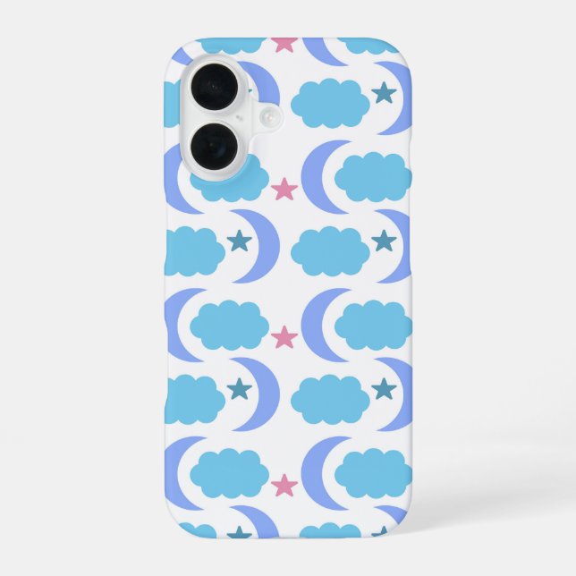 Funda Para iPhone 16 Patrón de nubes lunares estrellas azul púrpura (Reverso )