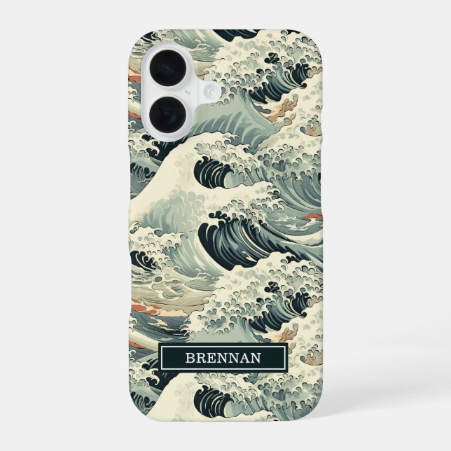 Funda Para iPhone 16 Patrón de Olas Japonesas Monogramado (Reverso )