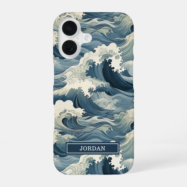 Funda Para iPhone 16 Patrón de Olas Japonesas Monogramado (Reverso )