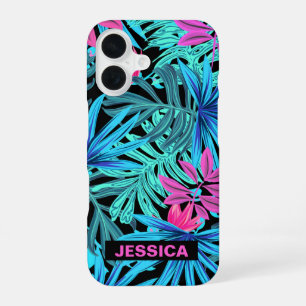 Funda Para iPhone 16 Patrón de planta tropical azul rosa neón personali