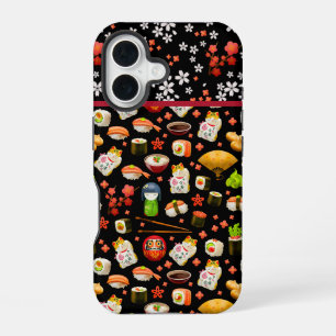 Funda Para iPhone 16 Patrón de plato de pescado de sushi japonés en neg