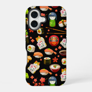 Funda Para iPhone 16 Patrón de plato de pescado de sushi japonés en neg