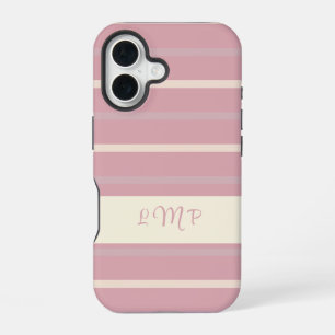 Funda Para iPhone 16 Patrón de raya en rosa rubor y crema con monograma