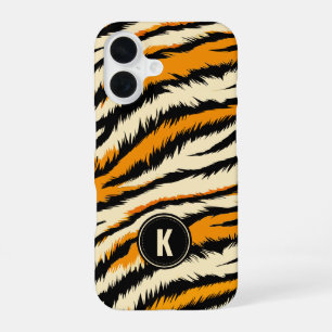 Funda Para iPhone 16 Patrón de rayas de tigre naranja negro Monograma