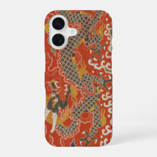 Funda Para iPhone 16 Patrón de seda con dragón negro y rojo imperial