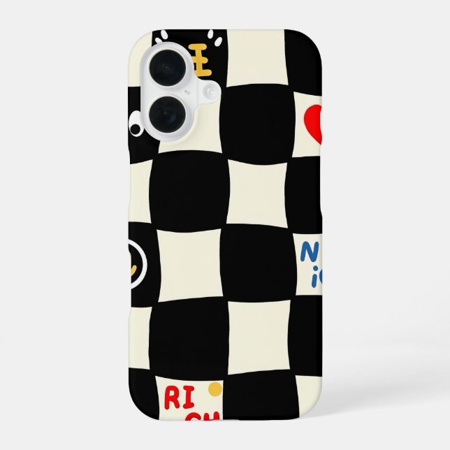 Funda Para iPhone 16 Patrón de tablero de ajedrez ondulado retro con ic (Reverso )