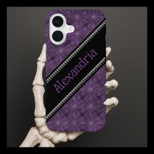 Funda Para iPhone 16 Patrón de telaraña morada con nombre personalizado