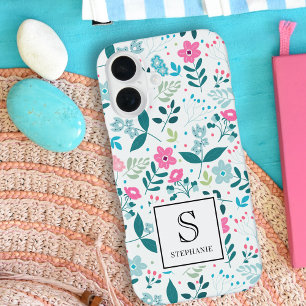 Funda Para iPhone 16 Patrón Floral Azul y Rosa con Nombre Monograma